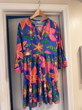 Bright Floral V-Neck Tiered Dress - Blue & Pink